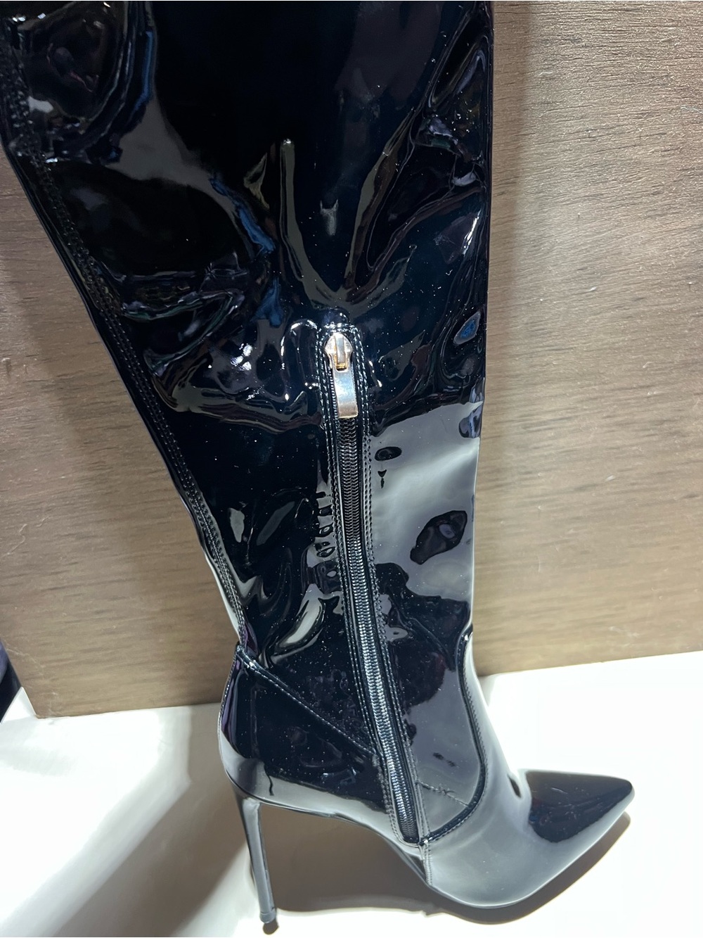 Glossy Black High Heel Pointed Toe Knee Boot